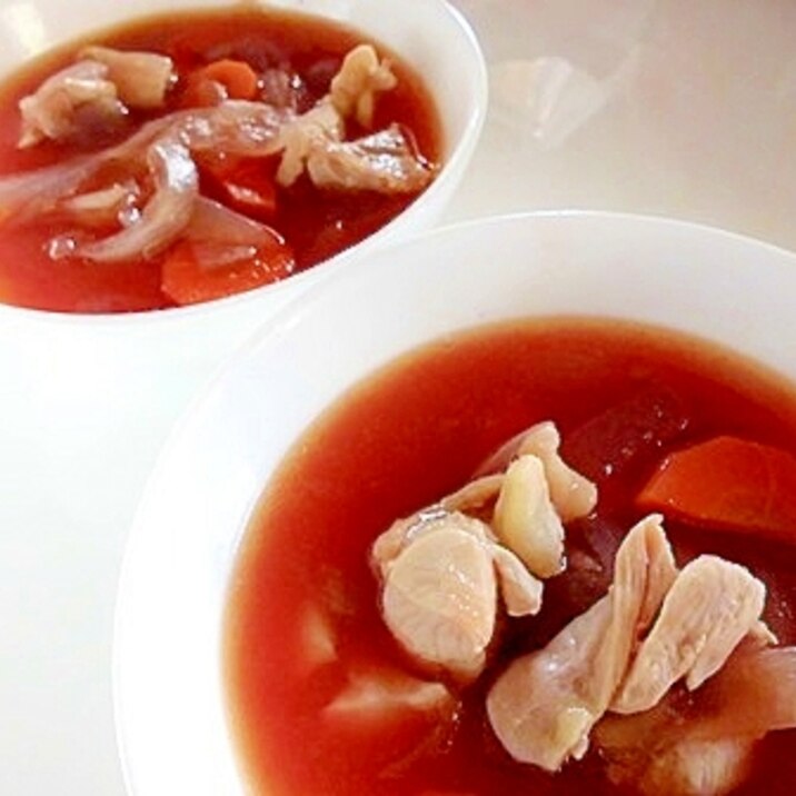 鶏もも肉と赤玉ねぎとにんじんの　トマトスープ